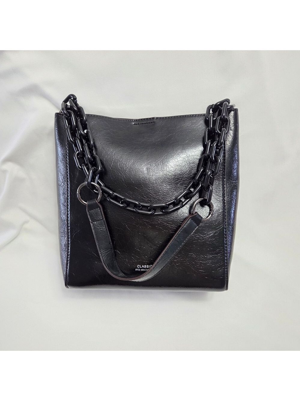 Bucket Shoulder Bag Black Vegan Leather Large Acrylic Chain